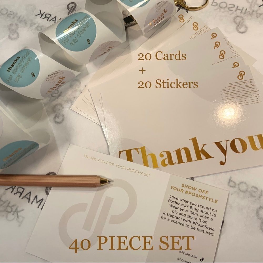 POSHMARK OFFICIAL THANK YOU CARDS & STICKERS BUNDLE SET 40 PC CREAM GOLD SHIP